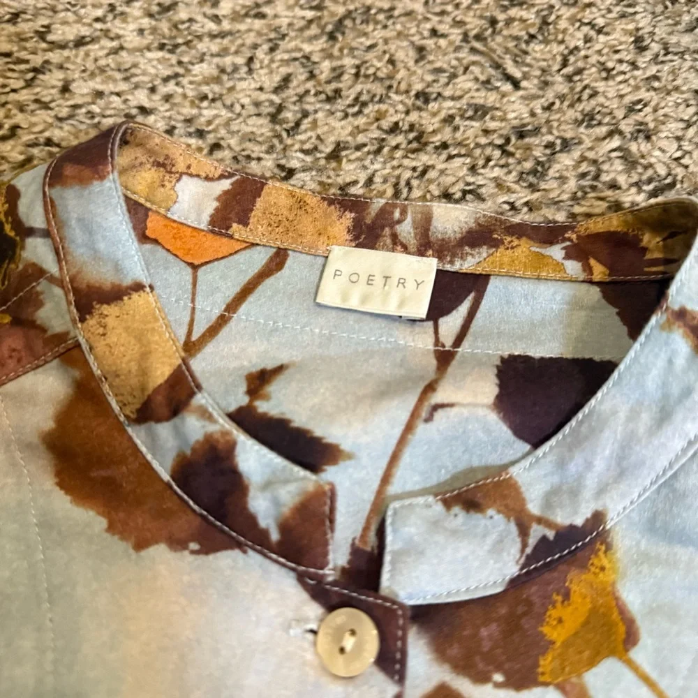 POETRY Linen Cotton Print Long Sleeve Button Down Mandarin Collar Blouse Size 4